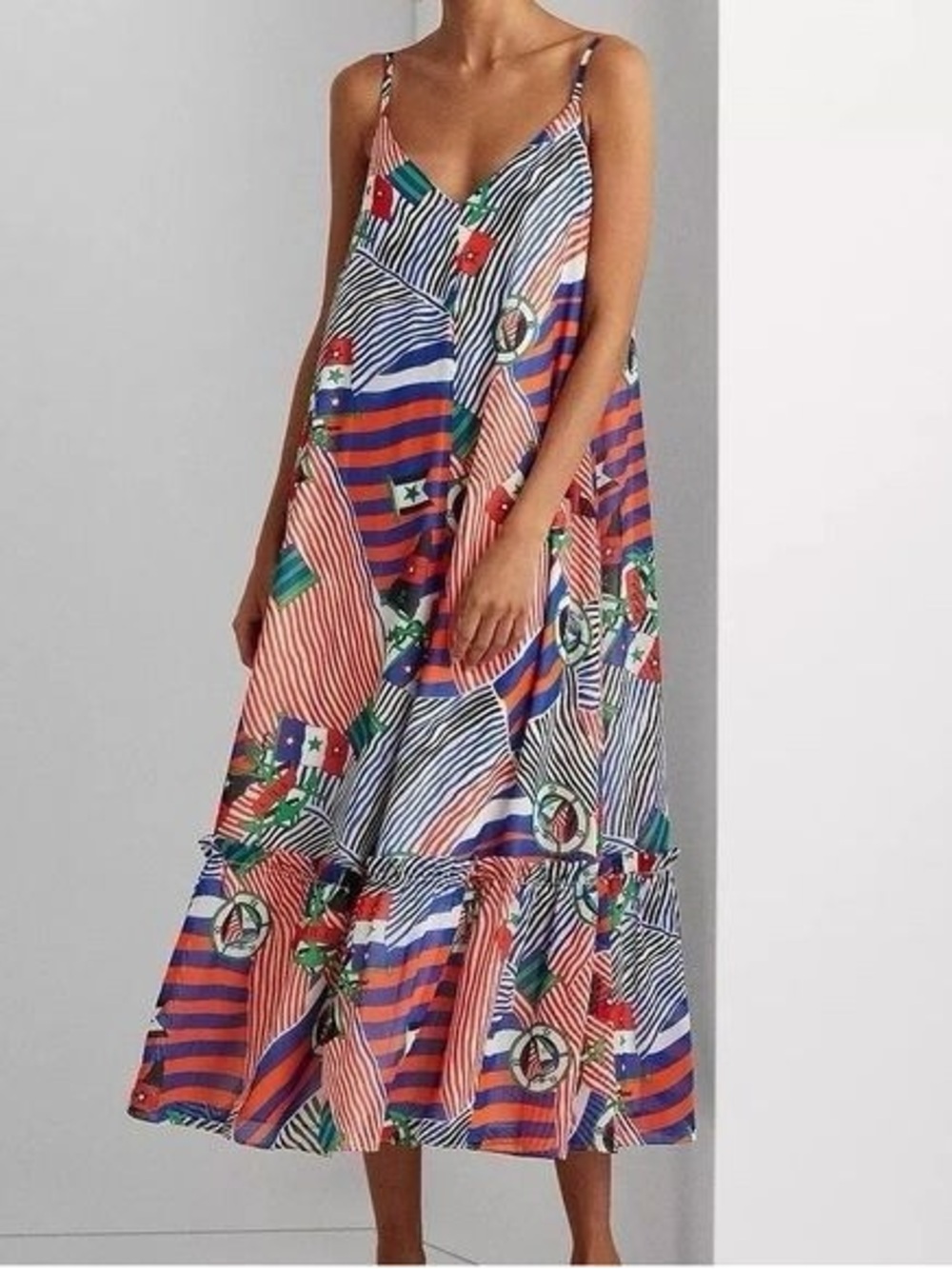 Lauran Ralp Lauren Nautical Print Anchor Blue Red Georgette Midi Dress Size XL